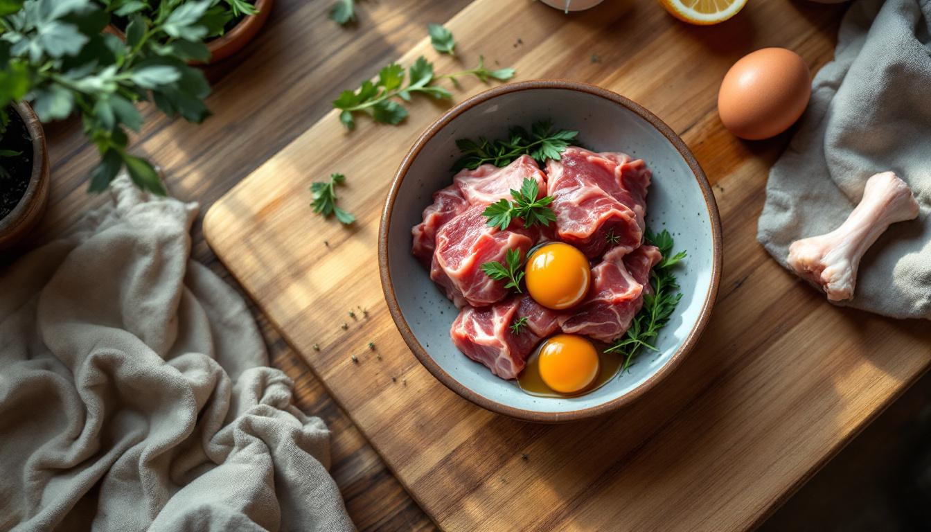 Tigela com alimentos naturais para cães — carne, vegetais e ovos
