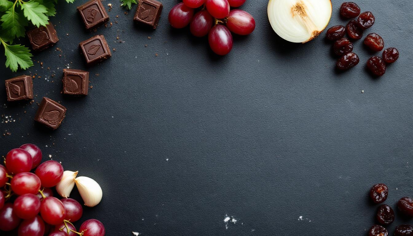 Composição com alimentos tóxicos para pets: chocolate, uvas, cebola e alho sobre superfície escura