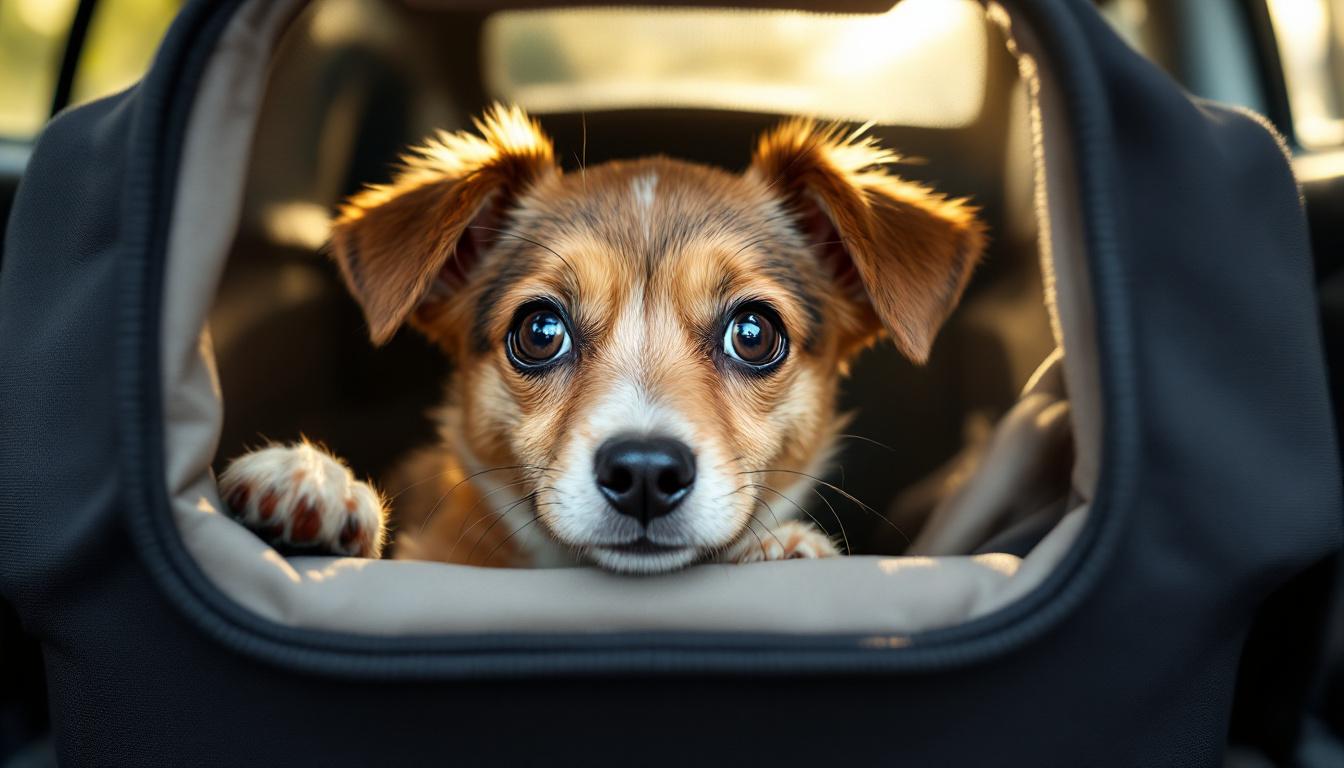 Cão com expressão ansiosa dentro de caixa de transporte, olhando pela janela do carro