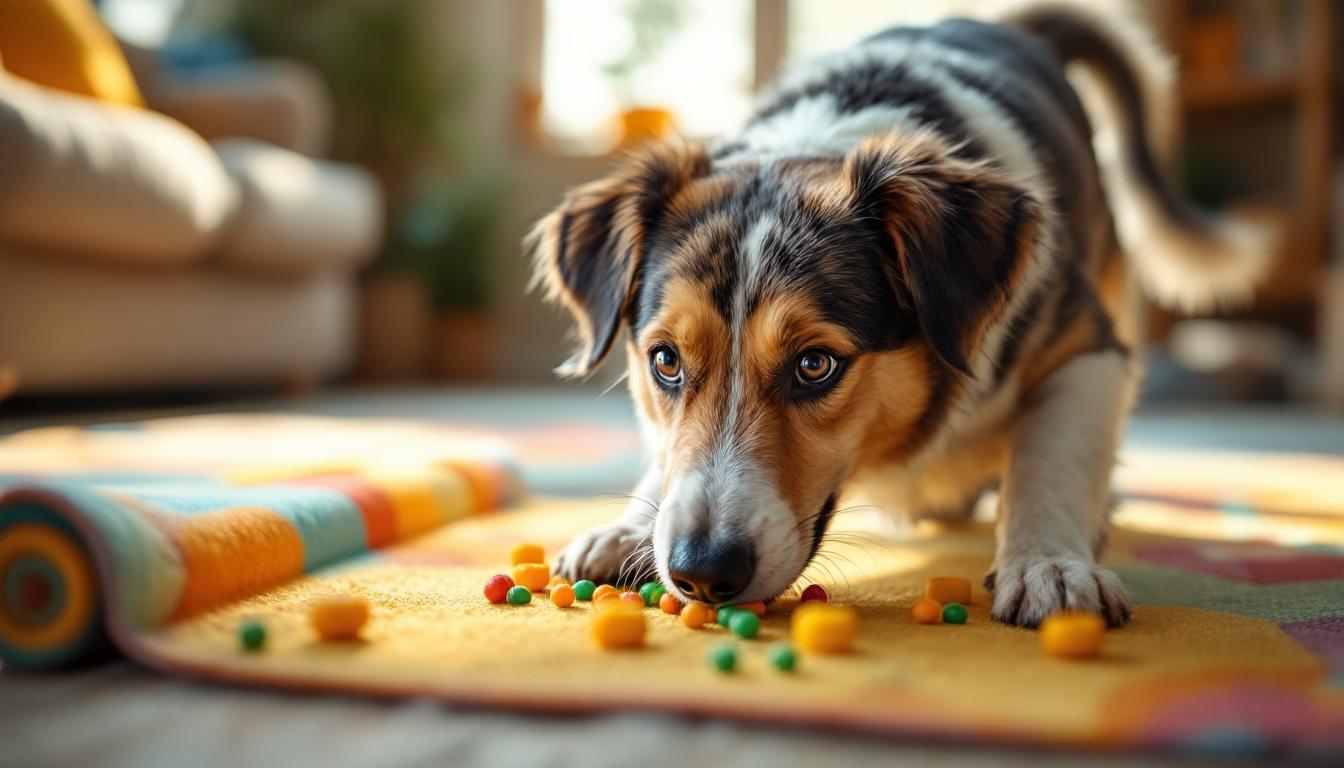 Cão brincando com brinquedo interativo puzzle no chão de casa