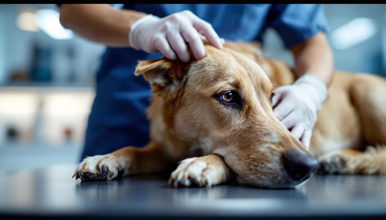 Veterinária examinando cão com carrapatos, laboratório ao fundo