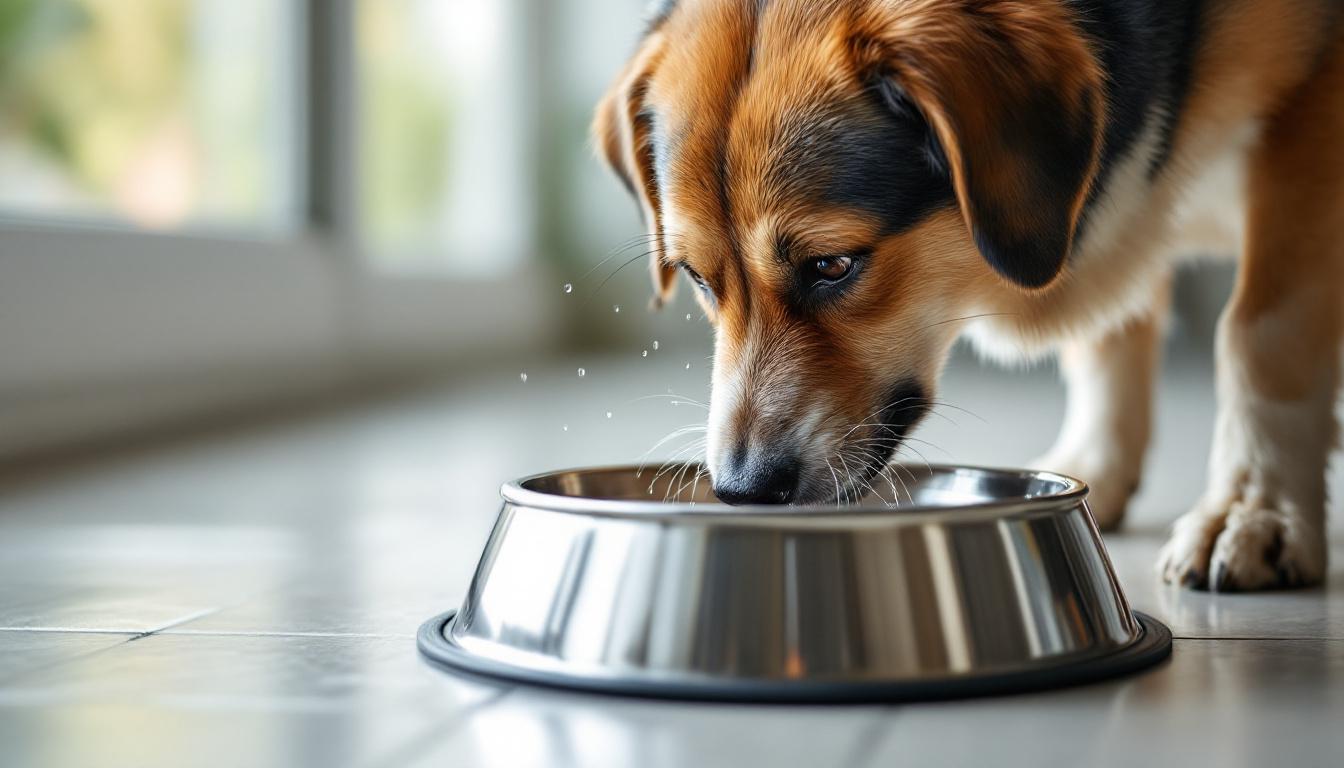 Cão bebendo água em tigela limpa