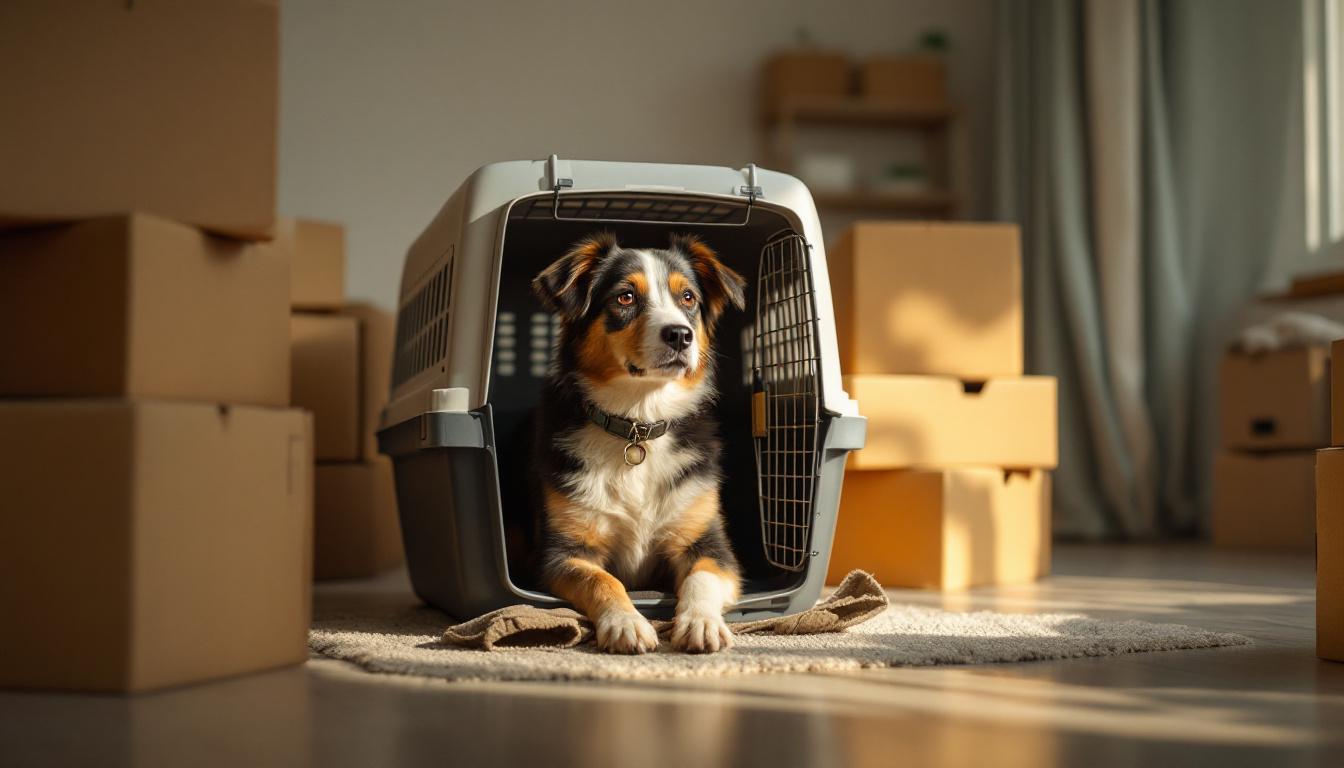 Pet dentro de caixa de transporte durante mudança