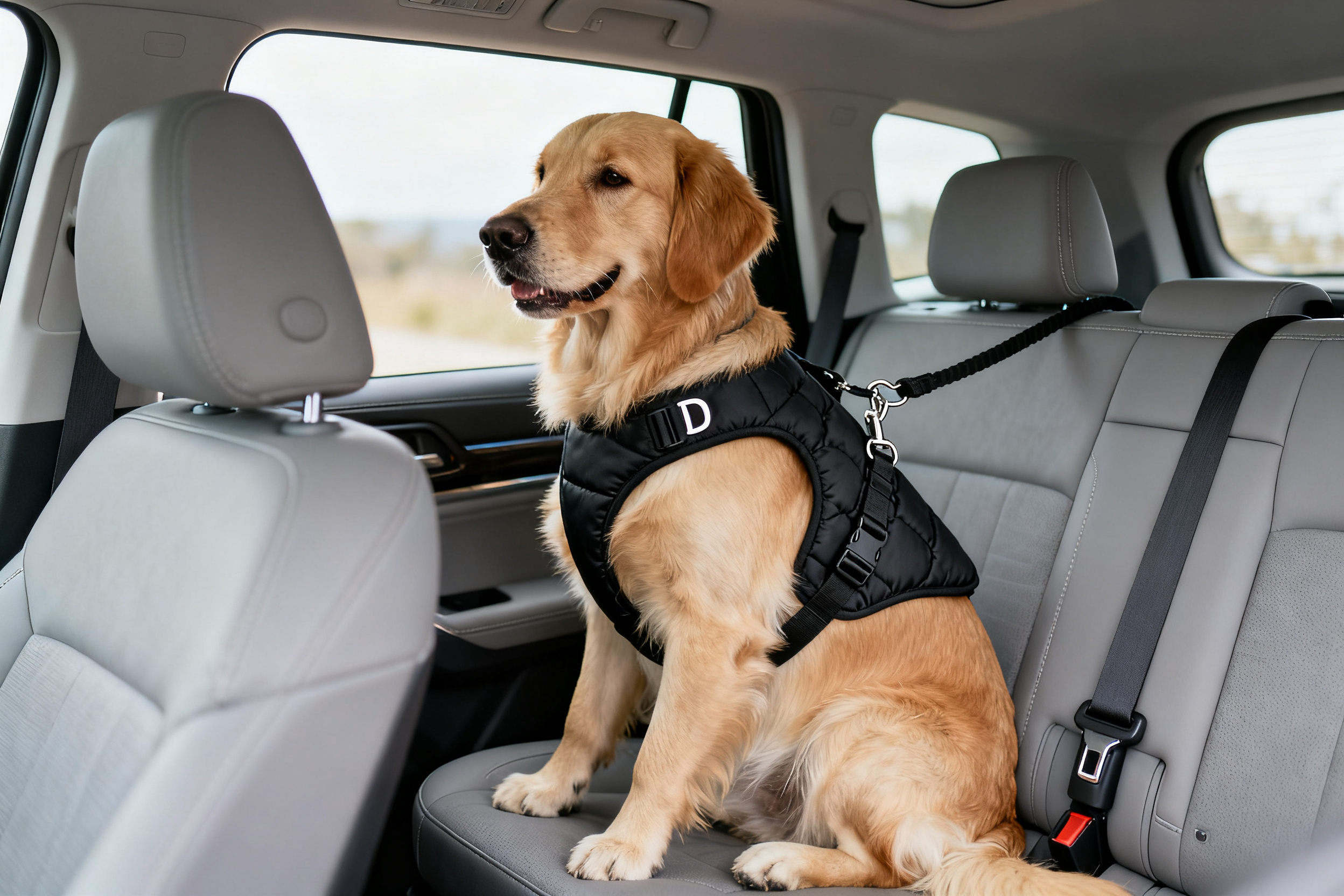 Cão tranquilo dentro de crate rígida fixada no porta-malas de um SUV moderno