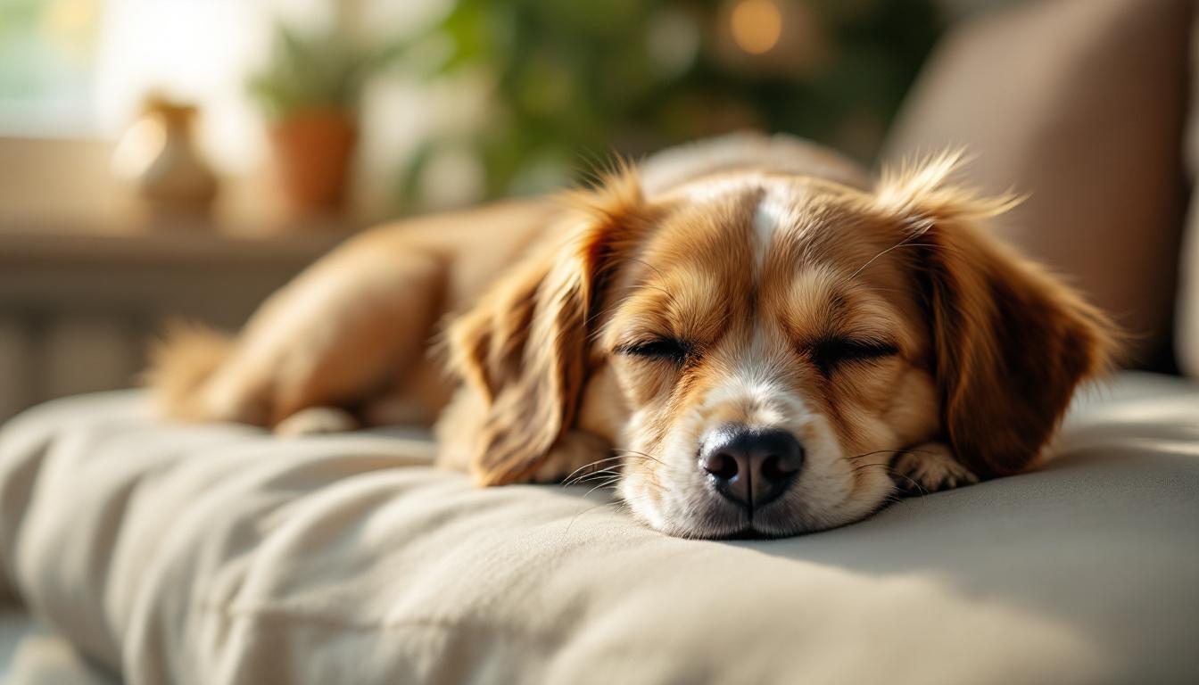 Cão tranquilo descansando no sofá em casa, olhando pela janela com expressão serena