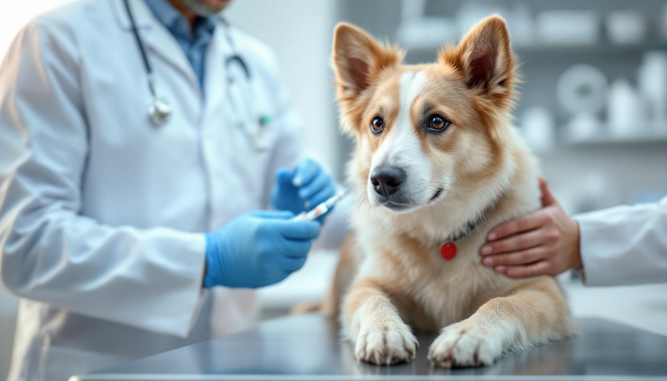 Veterinária aplicando vacina em cão calmo em clínica moderna
