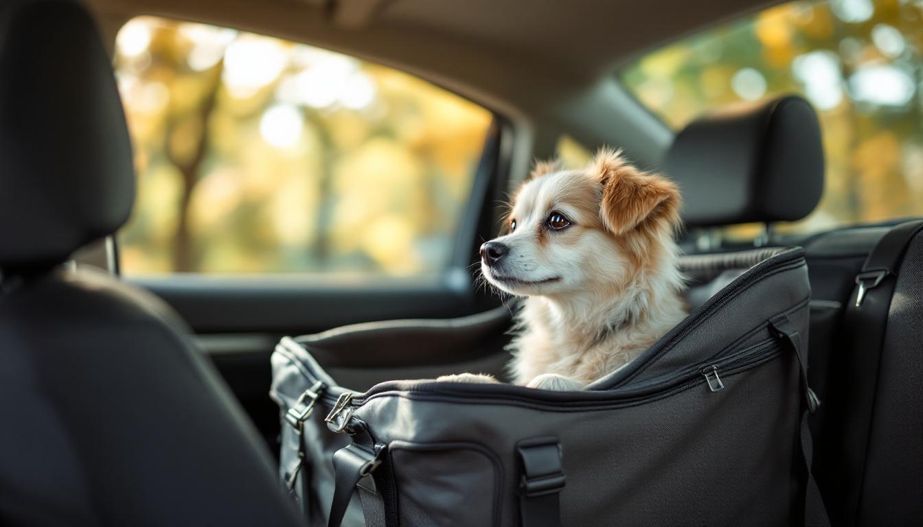 Cão tranquilo dentro de caixa de transporte no banco traseiro do carro