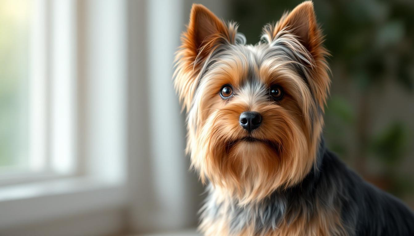 Yorkshire Terrier com pelo sedoso em ambiente doméstico