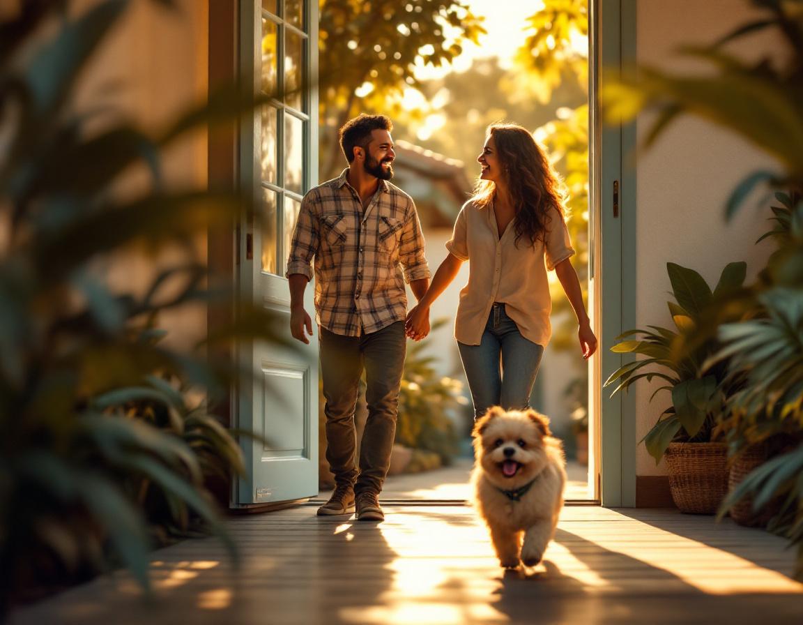 Família recebendo o pet na porta de casa com sorriso
